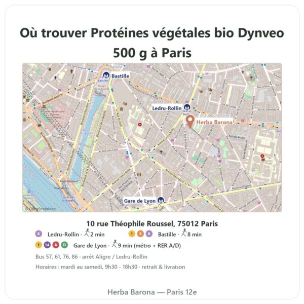 Ou trouver Protéines végétales bio Dynveo 500 g a Paris - plan boutique Herba Barona Paris 12e