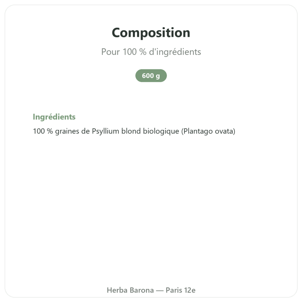 Psyllium Blond Bio en Poudre – Ethnoscience – 600 g composition valeurs nutritionnelles Paris Herba Barona