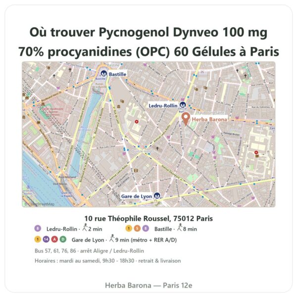 Ou trouver Pycnogenol Dynveo 100 mg 70% procyanidines (OPC) 60 Gélules a Paris - plan boutique Herba Barona Paris 12e