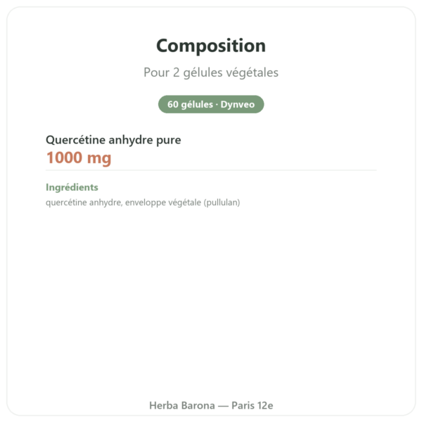 Quercétine 500 mg 60 gélules DYNVEO composition valeurs nutritionnelles Paris Herba Barona