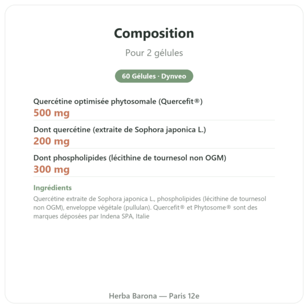 Quercétine Optimisée Quercefit Dynveo 60 Gélules composition valeurs nutritionnelles Paris Herba Barona