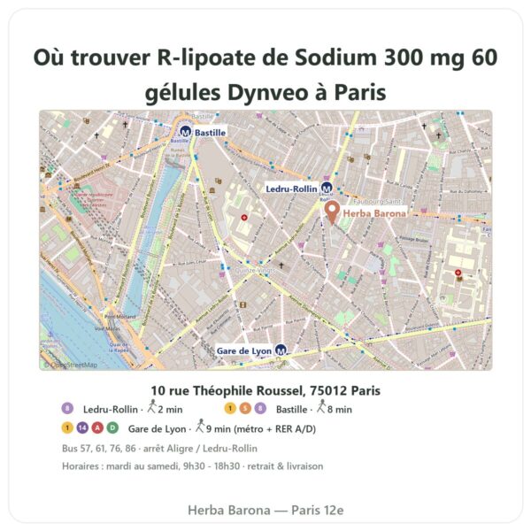 Ou trouver R-lipoate de Sodium 300 mg 60 gélules Dynveo a Paris - plan boutique Herba Barona Paris 12e
