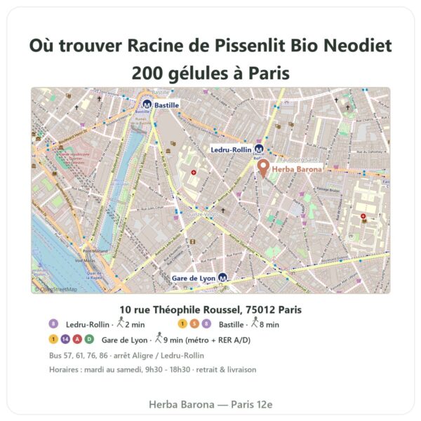 Ou trouver Racine de Pissenlit Bio Neodiet 200 gélules a Paris - plan boutique Herba Barona Paris 12e