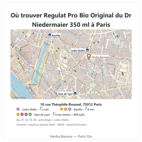 Ou trouver Regulat Pro Bio Original du Dr Niedermaier 350 ml a Paris - plan boutique Herba Barona Paris 12e