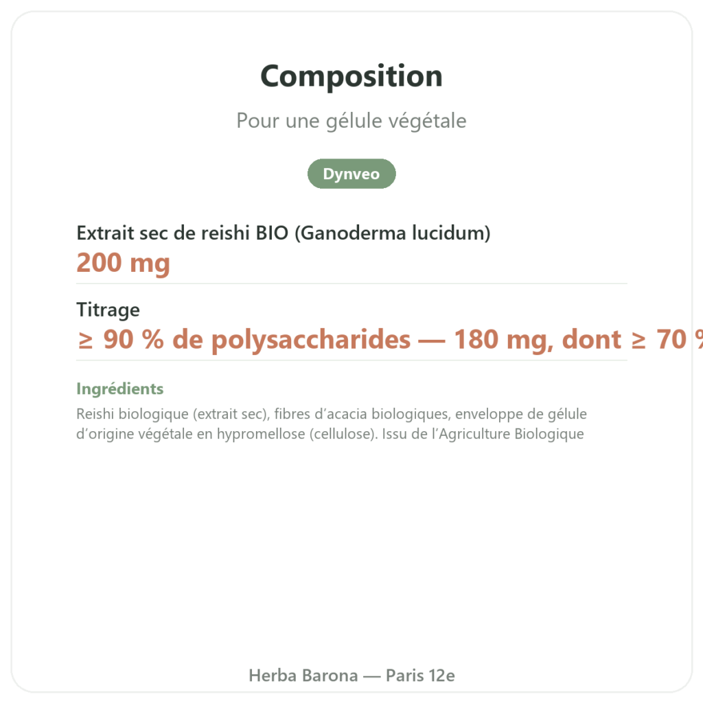 Reishi bio Dynveo 200 mg 60 gélules Paris Herba Barona