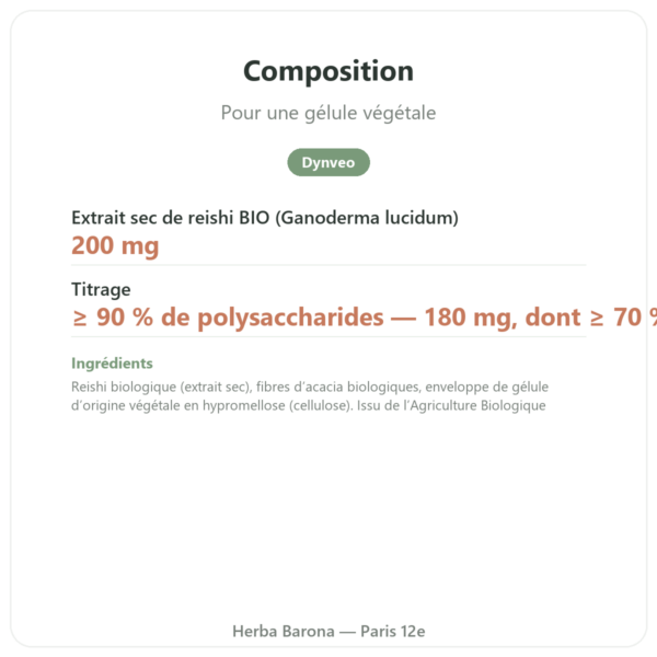 Reishi bio Dynveo 200 mg 60 gélules Paris Herba Barona