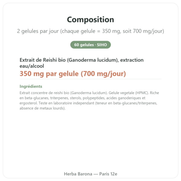 Reishi Extrait Bio – SIHO – 60 gélules composition valeurs nutritionnelles Paris Herba Barona