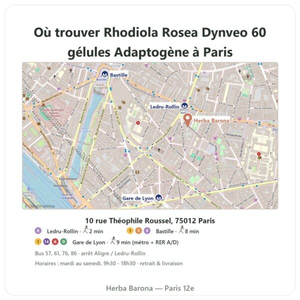 Ou trouver Rhodiola Rosea Dynveo 60 gélules Adaptogène a Paris - plan boutique Herba Barona Paris 12e
