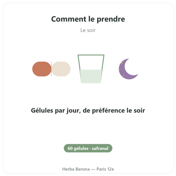 SAFRAMAX – 60 gélules Safranal – extrait de safran + vitamines B mode emploi conseil de prise Paris Herba Barona