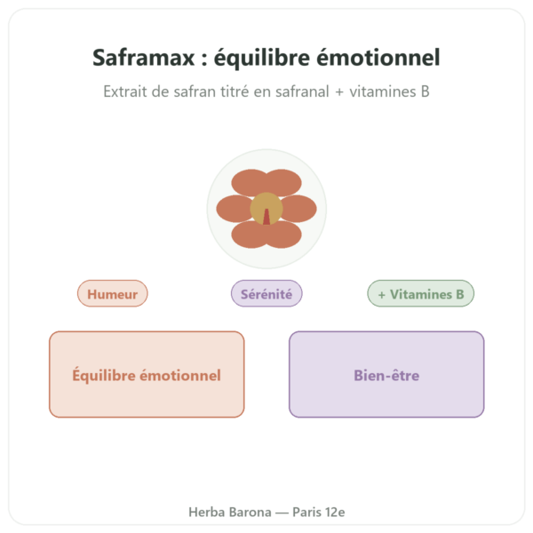 SAFRAMAX – 60 gélules Safranal – extrait de safran + vitamines B presentation Paris Herba Barona