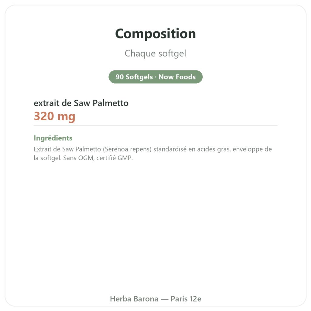 Saw Palmetto Extract 320mg Now Foods 90 Softgels - Palmier nain composition valeurs nutritionnelles Paris Herba Barona