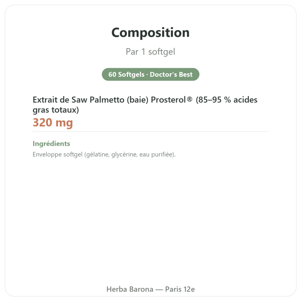 Saw Palmetto Prosterol 320 mg Doctor's Best 60 Softgels composition valeurs nutritionnelles Paris Herba Barona