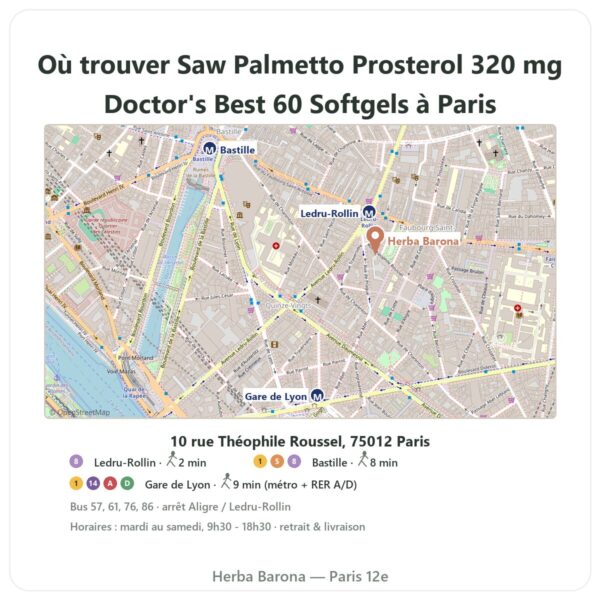 Ou trouver Saw Palmetto Prosterol 320 mg Doctor's Best 60 Softgels a Paris - plan boutique Herba Barona Paris 12e