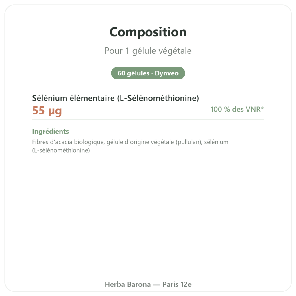 Selenium – Dynveo – 60 gélules composition valeurs nutritionnelles Paris Herba Barona