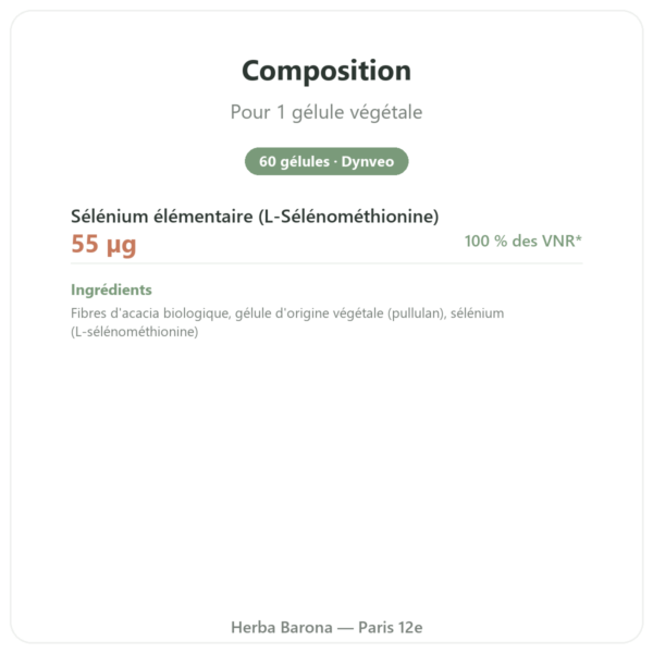 Selenium – Dynveo – 60 gélules composition valeurs nutritionnelles Paris Herba Barona