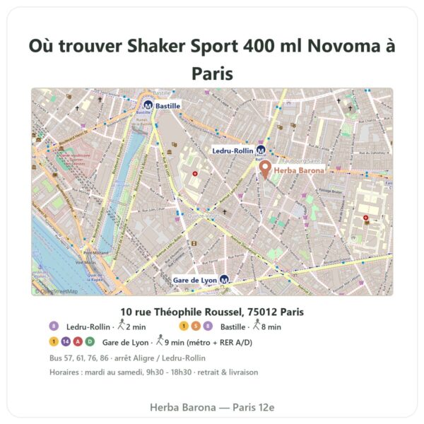 Ou trouver Shaker Sport 400 ml Novoma a Paris - plan boutique Herba Barona Paris 12e
