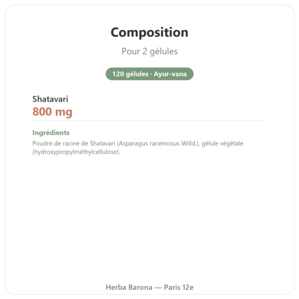Shatavari Bio – Ayur-vana – 120 gélules composition valeurs nutritionnelles Paris Herba Barona
