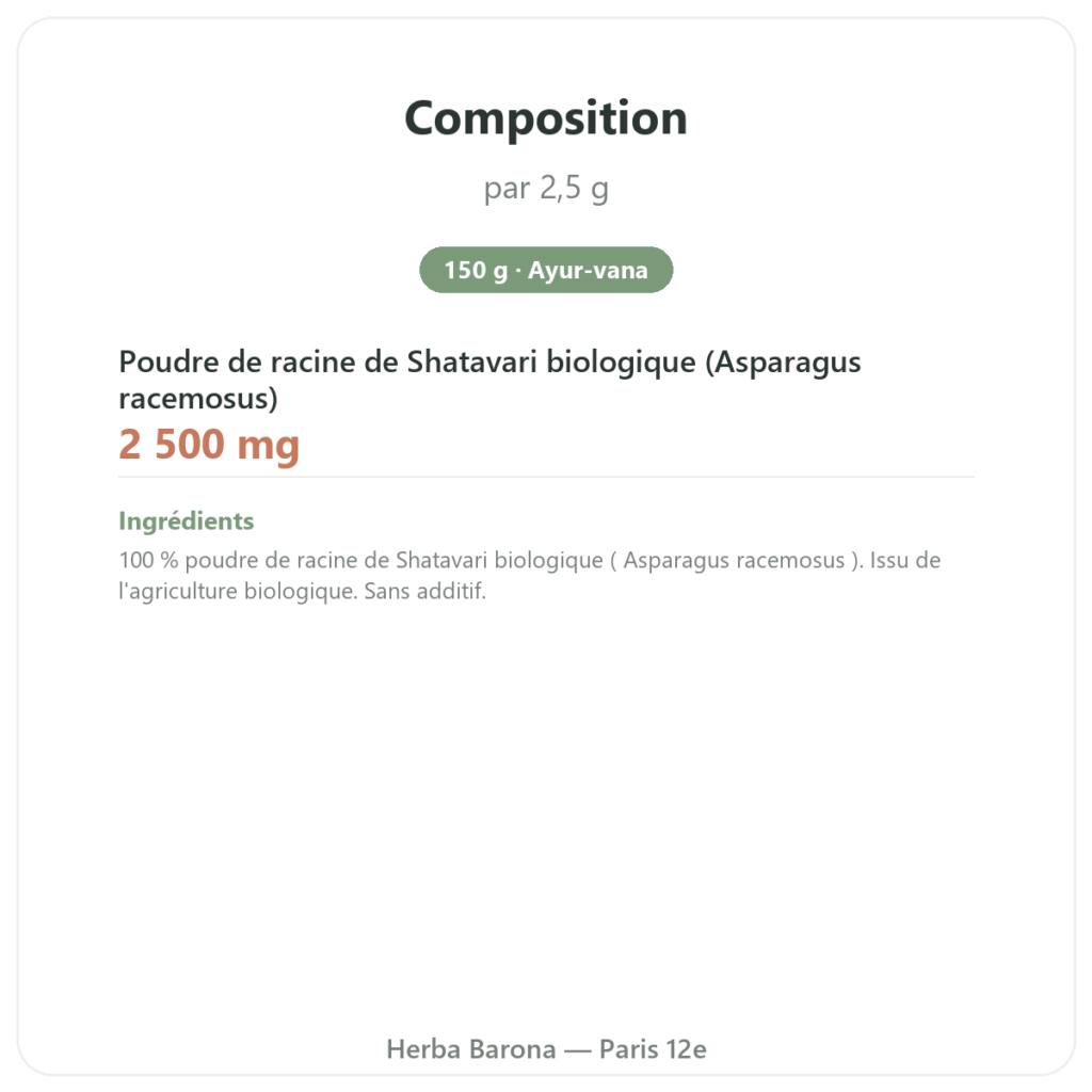 Shatavari poudre – Ayur-vana – 150 g composition valeurs nutritionnelles Paris Herba Barona