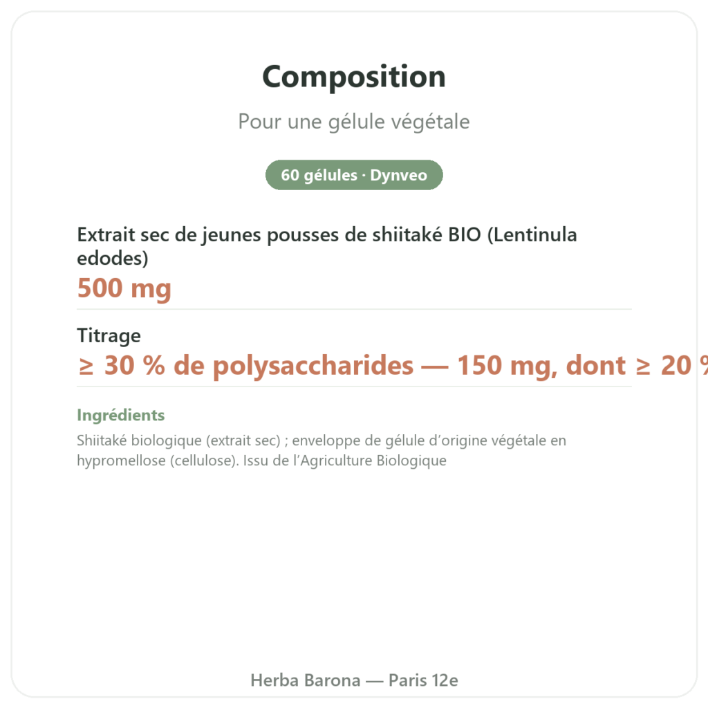 Shiitake bio- dynveo- 60 gélules composition valeurs nutritionnelles Paris Herba Barona