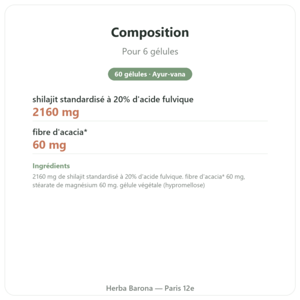 Shilajit en gélules – Ayur-vana – 60 gélules composition valeurs nutritionnelles Paris Herba Barona