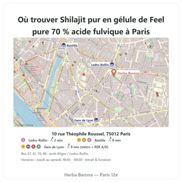 Ou trouver Shilajit pur en gélule de Feel pure 70 % acide fulvique a Paris - plan boutique Herba Barona Paris 12e