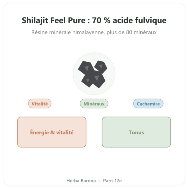 Shilajit pur en gélule de Feel pure – 70 % acide fulvique presentation Paris Herba Barona
