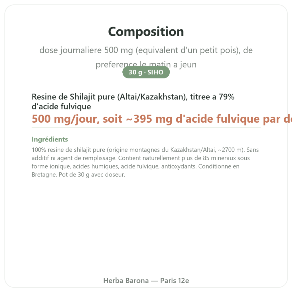 Shilajite en résine pur – SIHO- 79% d'acide fulvique – 30 g en pot composition valeurs nutritionnelles Paris Herba Barona