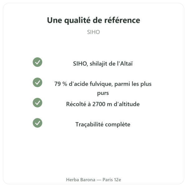 Shilajite en résine pur – SIHO- 79% d'acide fulvique – 30 g en pot qualite Paris Herba Barona