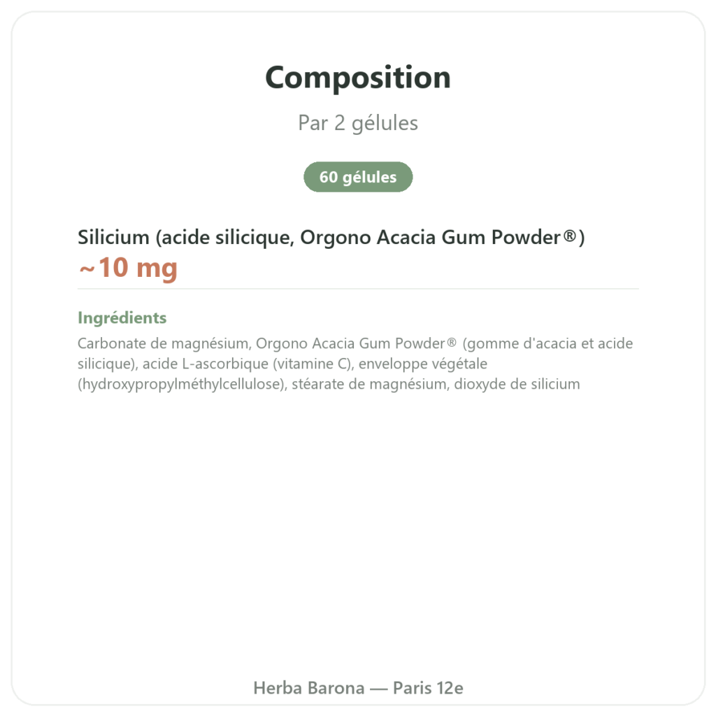 Silicium G7 Activ+ – 60 gélules – Silicium Laboratories composition valeurs nutritionnelles Paris Herba Barona