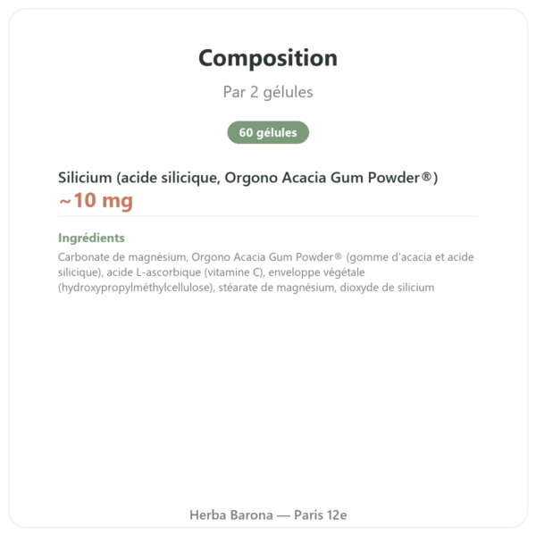 Silicium G7 Activ+ – 60 gélules – Silicium Laboratories composition valeurs nutritionnelles Paris Herba Barona