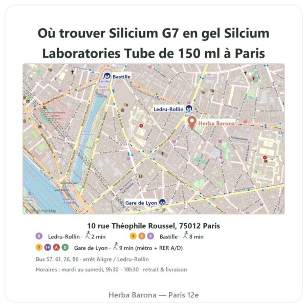 Ou trouver Silicium G7 en gel Silcium Laboratories Tube de 150 ml a Paris - plan boutique Herba Barona Paris 12e