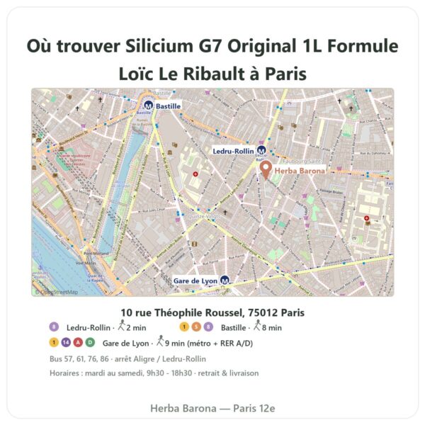 Ou trouver Silicium G7 Original 1L Formule Loïc Le Ribault a Paris - plan boutique Herba Barona Paris 12e