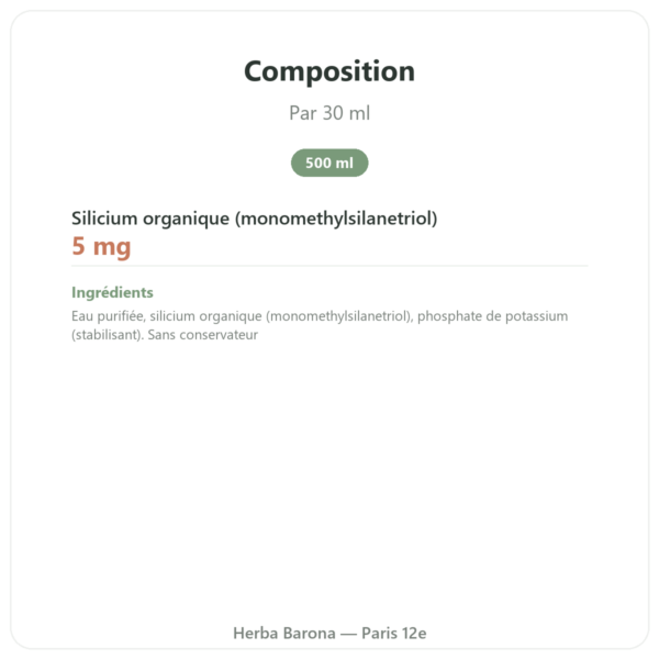 Silicium Organique G5 500 ml composition valeurs nutritionnelles Paris Herba Barona