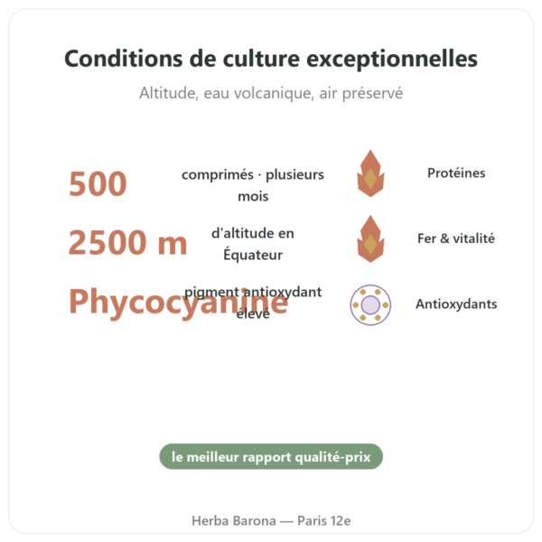 Spiruline Algue bleue des andes 500 comprimés bienfaits et chiffres Paris Herba Barona