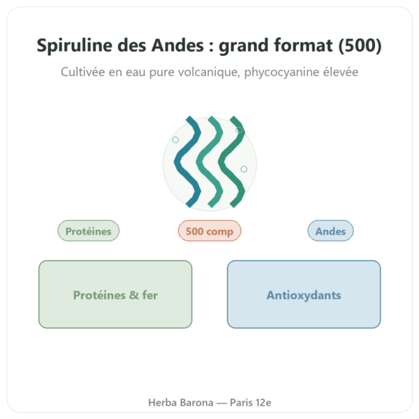 Spiruline Algue bleue des andes 500 comprimés presentation Paris Herba Barona