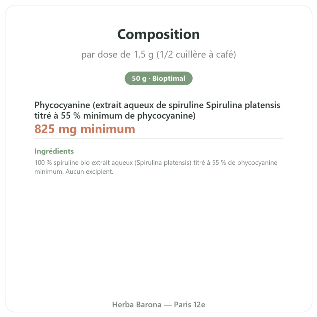 Spiruline bleue en poudre bio 50 g de Bioptimal composition valeurs nutritionnelles Paris Herba Barona