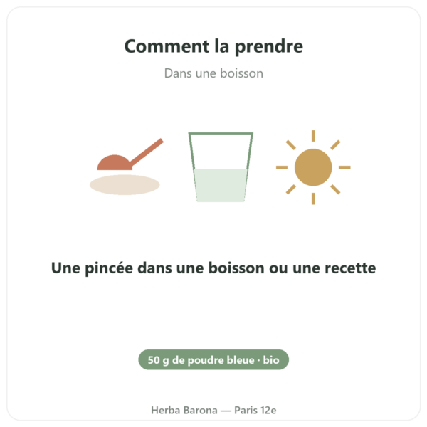 Spiruline bleue en poudre bio 50 g de Bioptimal mode emploi conseil de prise Paris Herba Barona