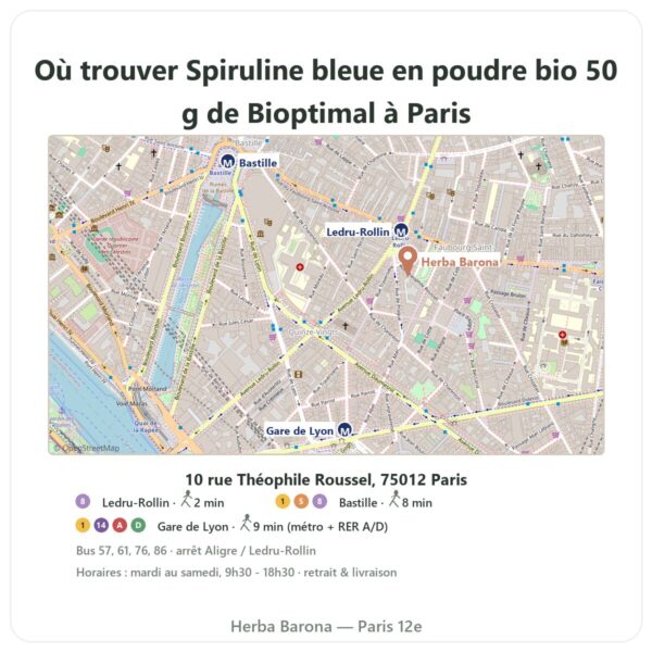 Ou trouver Spiruline bleue en poudre bio 50 g de Bioptimal a Paris - plan boutique Herba Barona Paris 12e