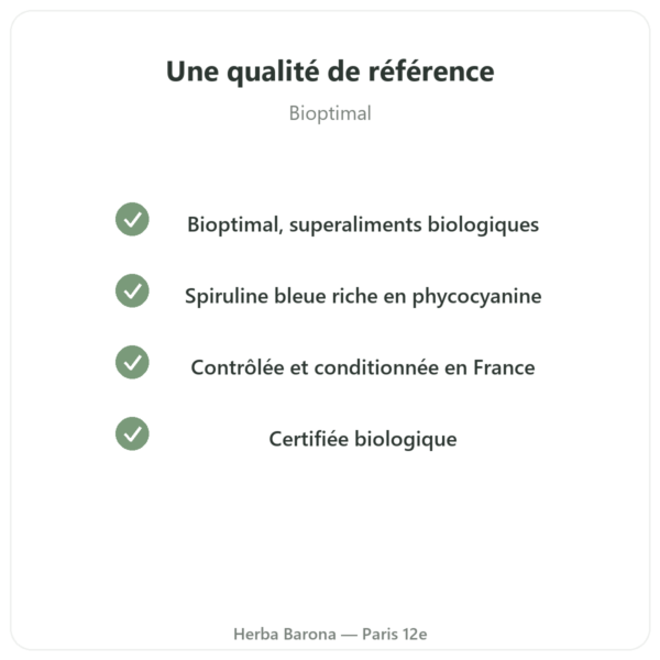 Spiruline bleue en poudre bio 50 g de Bioptimal qualite Paris Herba Barona