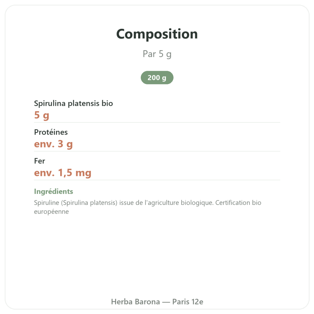 Spiruline en poudre BIO – Purasana – 200 g composition valeurs nutritionnelles Paris Herba Barona