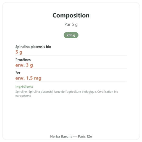 Spiruline en poudre BIO – Purasana – 200 g composition valeurs nutritionnelles Paris Herba Barona