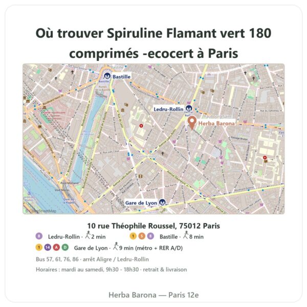 Ou trouver Spiruline Flamant vert 180 comprimés -ecocert a Paris - plan boutique Herba Barona Paris 12e