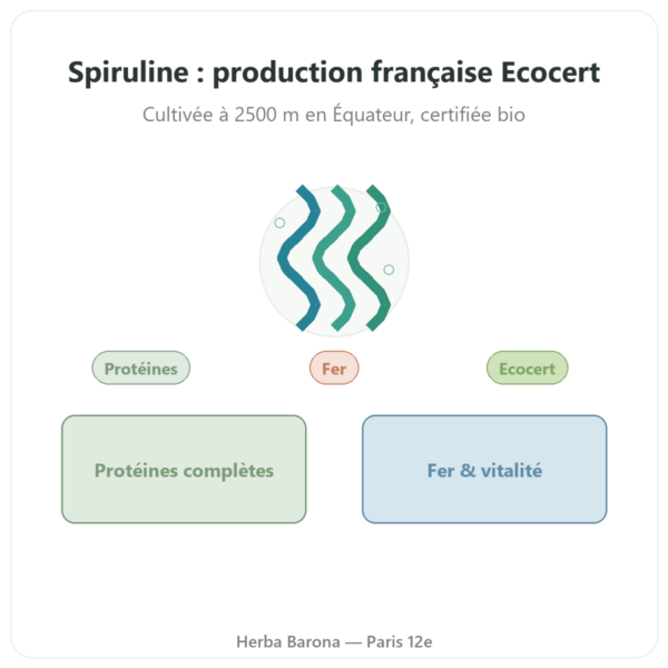 Spiruline – Flamant vert – 180 comprimés -ecocert presentation Paris Herba Barona