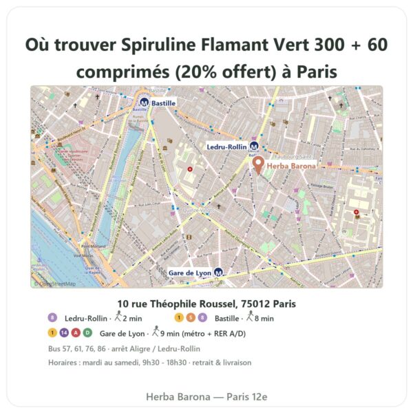 Ou trouver Spiruline Flamant Vert 300 + 60 comprimés (20% offert) a Paris - plan boutique Herba Barona Paris 12e