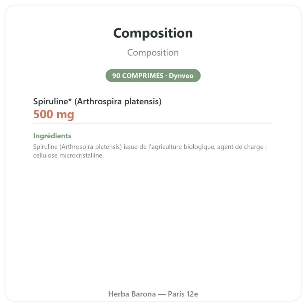 Spiruline Française BIO Dynveo 90 COMPRIMES France composition valeurs nutritionnelles Paris Herba Barona