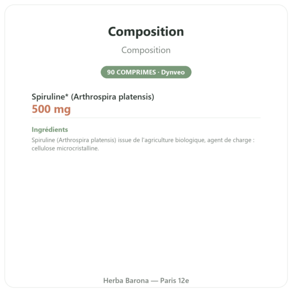 Spiruline Française BIO Dynveo 90 COMPRIMES France composition valeurs nutritionnelles Paris Herba Barona