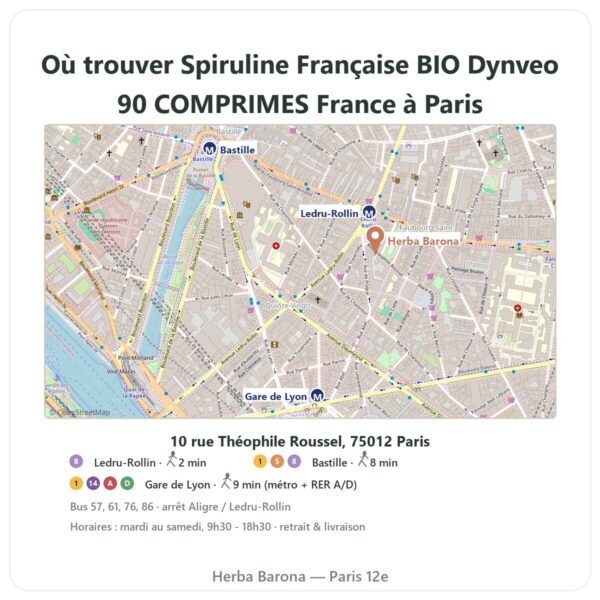Ou trouver Spiruline Française BIO Dynveo 90 COMPRIMES France a Paris - plan boutique Herba Barona Paris 12e