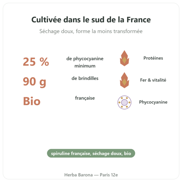 Spiruline Française BIO – Dynveo – Brindilles 90 g bienfaits et chiffres Paris Herba Barona