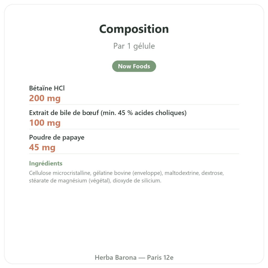 Super Enzymes Digestives – 90 Caps. – Now Foods composition valeurs nutritionnelles Paris Herba Barona