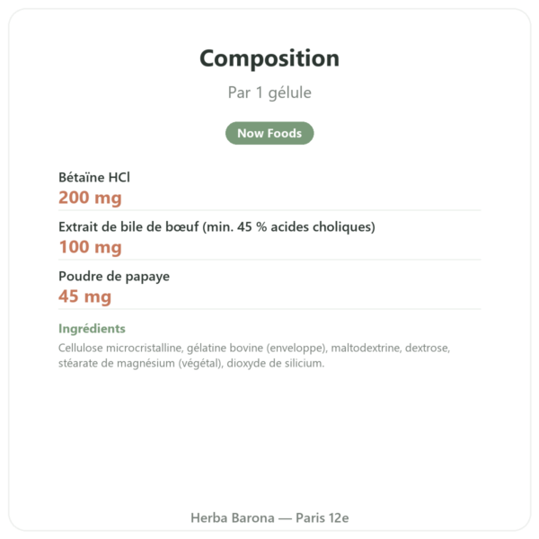 Super Enzymes Digestives – 90 Caps. – Now Foods composition valeurs nutritionnelles Paris Herba Barona